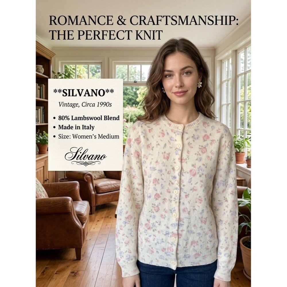 Vintage SILVANO Womens M Lambswool Rose Floral Cardigan Sweater Italy Cottage